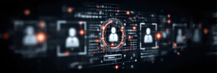 Obraz premium Virtual hiring process showing employee profiles on holographic screen with AI powered HR management and workforce optimization in future business concept