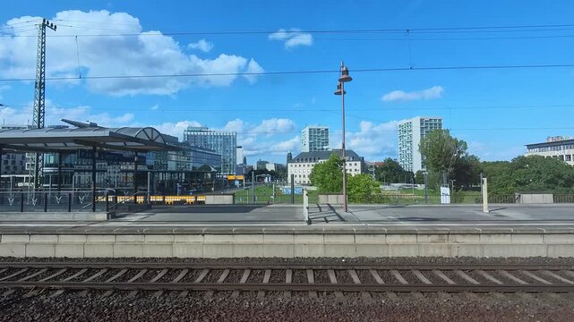 Interior Perspective Of Commuter Train Braking Before Entering Mainline Terminal, Dresden, Germany