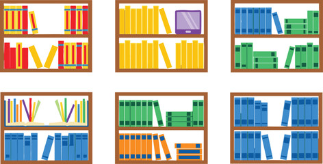 Colorful Bookshelves with Varied Arrangements of Multicolored Books and Tablet Displayed in a Library or Study Room Interior for Education Concept © yesrin