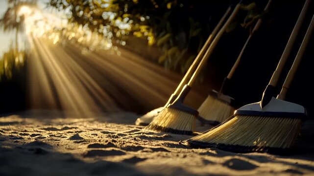 Spring cleanup. Recycling. Seasonal theme. A closeup shot of sweeping brooms on a sandy beach during sunset. The sun casts a warm, golden hue over the scene, creating a serene atmosphere.