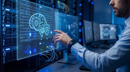 A man in a modern office interacts with a futuristic computer screen displaying a brain with a shield and binary code.