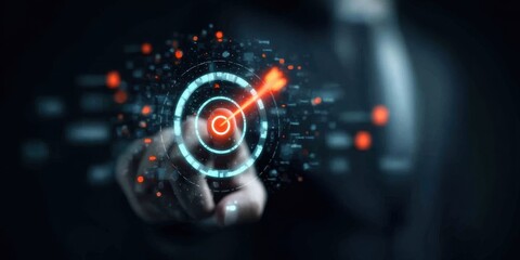 Target focus point on virtual roadmap interface visualizing strategic alignment milestone tracking and digital transformation goals