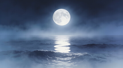 A full moon lights up the ocean at night. Waves move gently below the bright moon. The sky is dark, and mist sits above the water creating a quiet scene