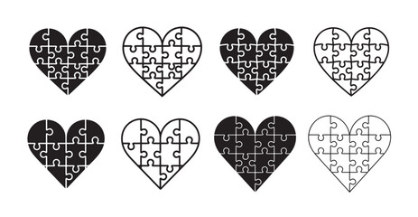 Heart puzzle icons set with various jigsaw pieces arrangements in black silhouette and outline