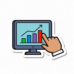 Hand pointing at a computer screen with colorful bar chart and upward trend line colorful bars