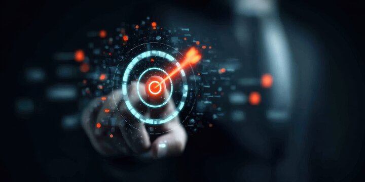 Target focus point on virtual roadmap interface visualizing strategic alignment milestone tracking and digital transformation goals