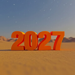 Large orange 2027 text on a sandy desert background with a starry sky
