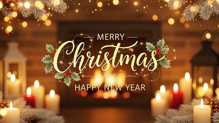 Cozy Merry Christmas and Happy New Year by a warm fireplace with candles and holly Keywords