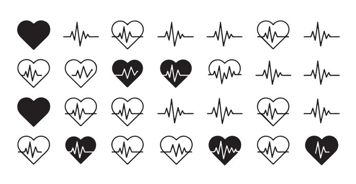 Medical heart beat line set collection icons healthy pulse cardiogram flat design symbols