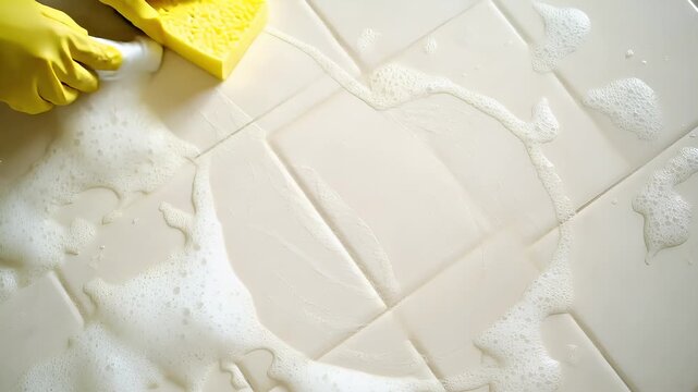 Spring cleanup. Recycling. Seasonal theme. A closeup of a persons hands in yellow rubber gloves cleaning a white tiled surface with a yellow sponge. The persons arm is visible.