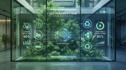A futuristic digital display showcasing sustainability metrics in a modern office environment with a green wall.