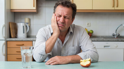 A man is seated at a kitchen table holding his cheek due to tooth pain. He has a glass of water in front of him and a half-eaten apple beside him. The kitchen has light-colored cabinets