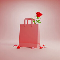Pink shopping bag with a red rose and heart-shaped candies on a gradient background 3D rendering