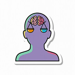 Purple silhouette head with brain and balanced scales over eyes