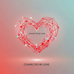 Red and white heart shape with interconnected nodes and gradient background love network
