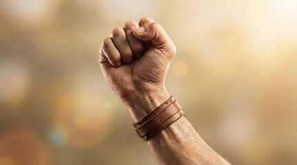 Close-up of a male fist raised in the air with a wide leather bracelet on the wrist