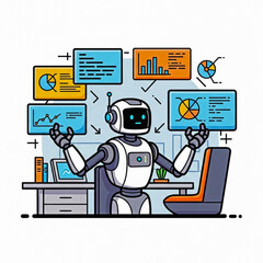Robot Analyzing Data with Multiple Graphs and Charts on Screens data analysis