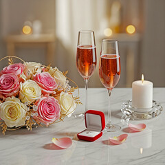 Romantic table setting with pink roses champagne glasses and engagement ring white roses
