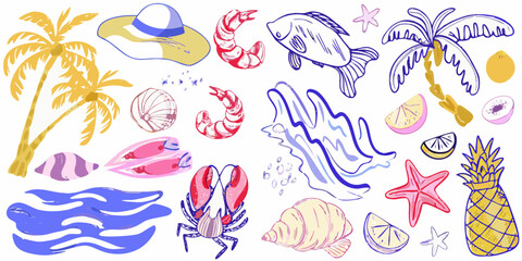 A colorful collection of summer elements hats seafood fruits and tropical plants