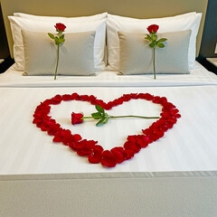 Red roses arranged in heart shape on a bed with two single roses on pillows romantic
