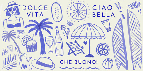 Italian summer themed doodles a playful illustration of vacation elements © Sudebi
