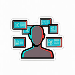 Silhouette of a person surrounded by five digital screens with and text blue