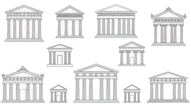 Collection of Greek and Roman Temple Facades and Buildings in Outline Style ancient