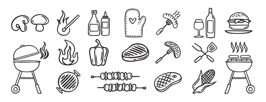 Barbecue grill party doodle hand drawn icon set. Outline drawing BBQ tools charcoal firewood and products line clipart symbol collection 