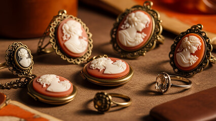 Classic heirloom jewelry collection featuring cameos in intricately designed settings