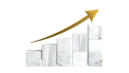 Gold upward arrow over marble block graph illustrating progress on a black background