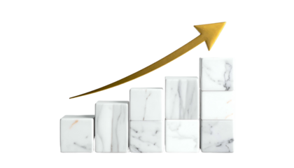 Gold upward arrow over marble block graph illustrating progress on a black background