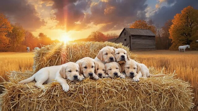 Adorable labrador puppies snuggled on haystack at sunset