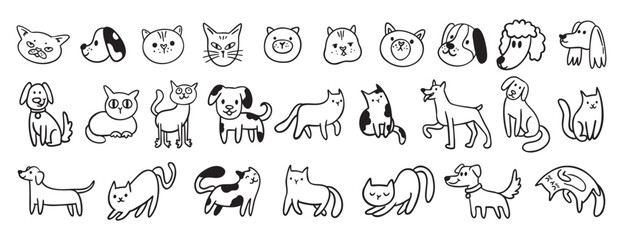 cute dogs and cats doodle hand drawn icon set. Sitting, standing. Outline drawing cats and dogs faces line clipart symbol collection