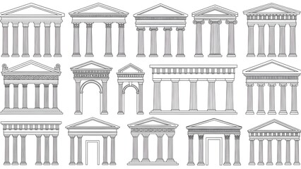 Collection of line art illustrations of classical Greek and Roman architectural elements and buildings
