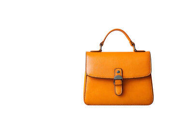 Stylish orange leather handbag with top handle and front buckle closure on white background, a perfect fashion accessory.