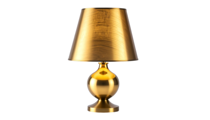 Golden desk lamp with a conical shade and spherical base, against a black background