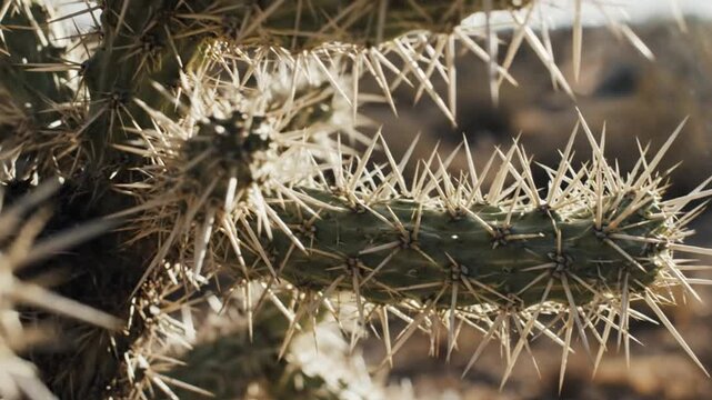 Close-up of a cholla cactus with sharp spines in a desert environment under bright sunlight