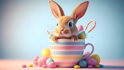 Easter bunny in a colorful mug with easter eggs and candy