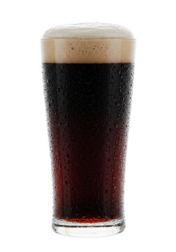 a perfectly poured tall pint glass of viscous dark stout beer with a dense white creamy foam head, standing on a reflective surface against a high-key studio background, premium beverage advertising