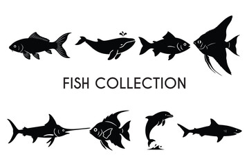 Fish Collection Silhouette Set &ndash; Minimalist Black Vector Icons of Sharks, Whales, Dolphins, and Tropical Marine Life