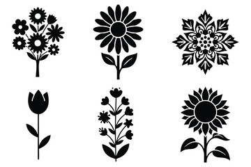 Botanical Flower Icon Set &ndash; Minimalist Black Silhouette Vector Collection of Sunflowers, Tulips, and Decorative Blooms