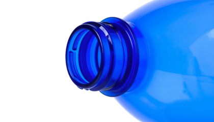 Close-up of a vibrant blue plastic bottle's neck, open and facing left
