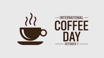 Obraz premium Minimalist international coffee day graphic design on white background with dark brown coffee cup silhouette, clean sans-serif text, modern aesthetic, ample whitespace, balanced composition
