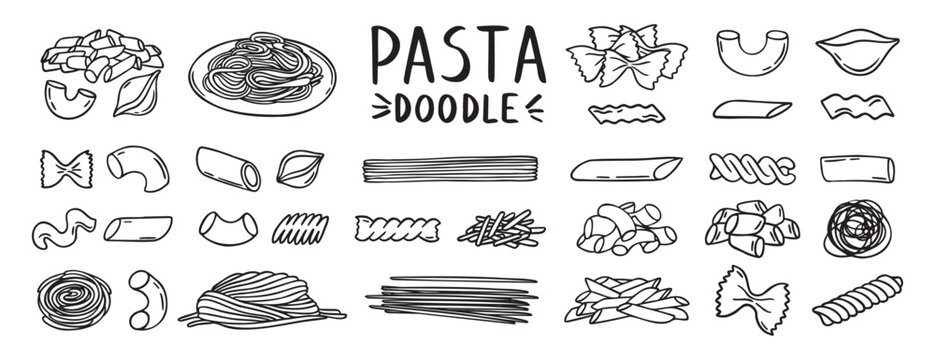 Pasta, spaghetti, vermicelli, macaroni feathers, horns, shells, butterflies doodle hand drawn icon set. Outline drawing wheat dough food line clipart symbol collection