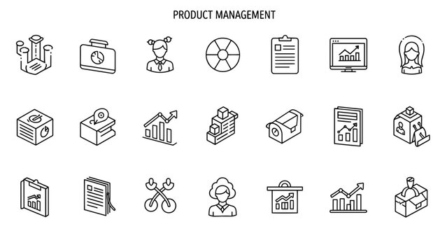 A set of black and white line icons representing various aspects of product management, including charts, people, and objects