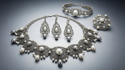 Sophisticated heirloom jewelry set featuring intricate silver filigree and lustrous pearls