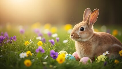 Obraz premium Easter bunny in a field of colorful flowers and eggs on easter day
