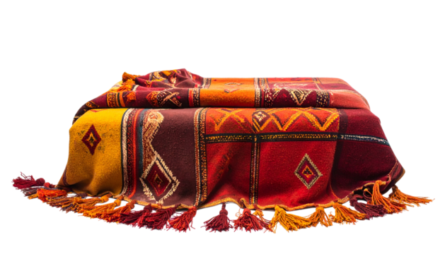 A folded colorful blanket with intricate geometric patterns and tassels - Powered by Adobe