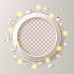 Round white photo frame on light bd. Festive Christmas luxury light bulb, garland shine and glow. Decorated picture mock up, ramadan shine bright star sting. Holiday post template, magic fairy gallery