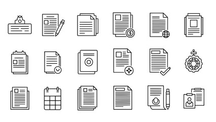 A set of black and white line icons representing various documents, forms, and office-related symbols. Included are lists, calendars, and approvals
